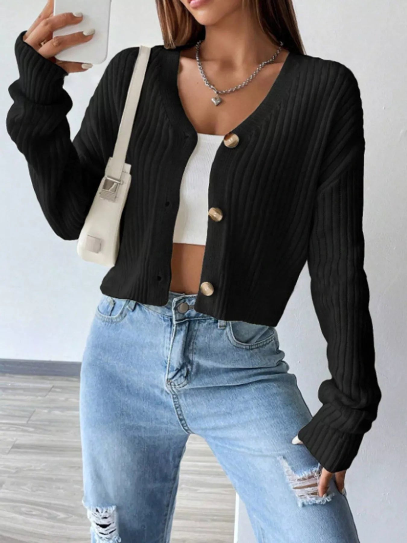 White Ribbed V-Neck Button-Up Cropped Cardigan Sweater - Image 6