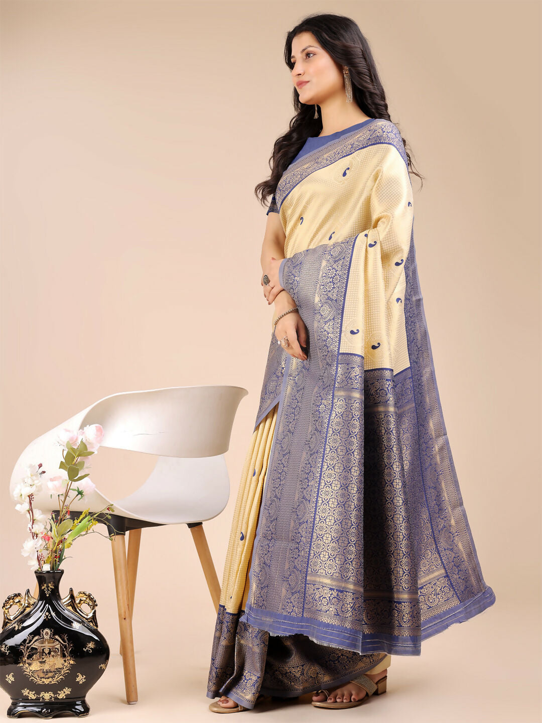 Cream and Navy Blue Banarasi Silk Saree with Matching Blouse
