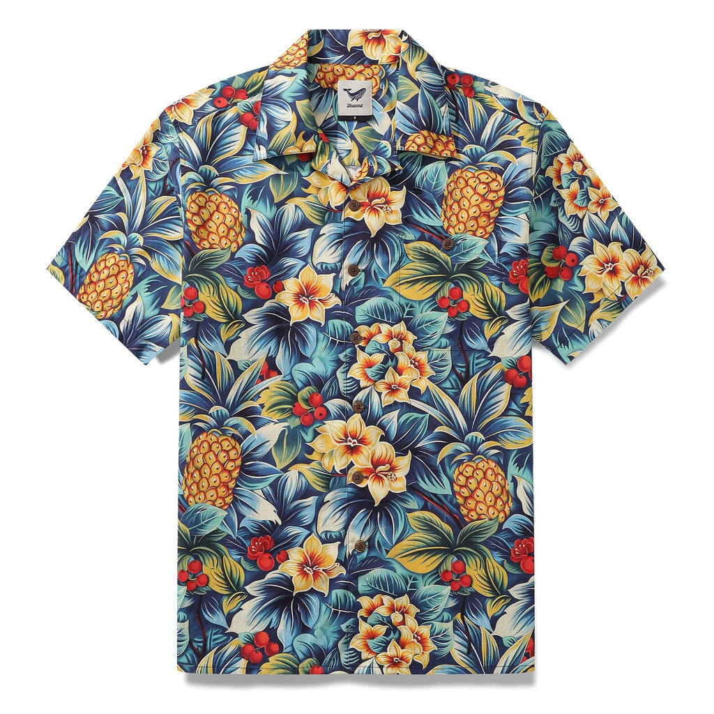 Men's blue tropical Hawaiian shirt with pineapple and jungle motifs in a camp collar style.