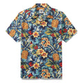 Men's blue tropical Hawaiian shirt with pineapple and jungle motifs in a camp collar style.