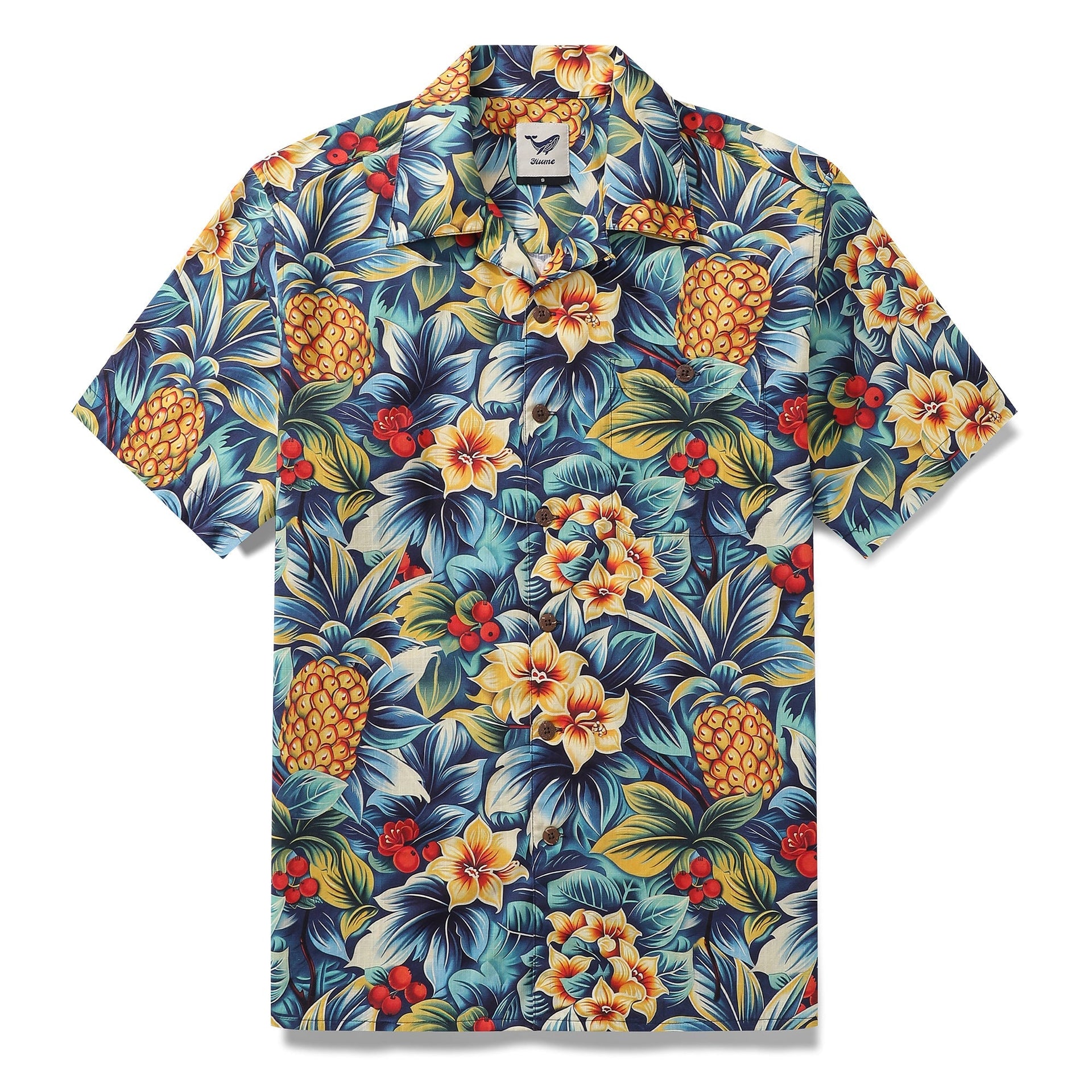 Men's blue tropical Hawaiian shirt with pineapple and jungle motifs in a camp collar style.