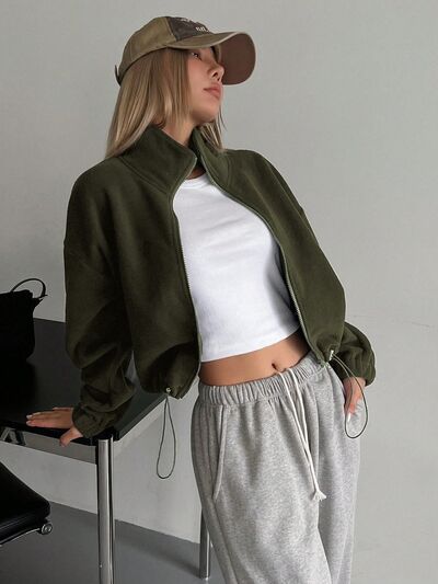 Olive Green Zip-Up Cropped Jacket – Trendy Lightweight Outerwear