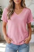 Nyomi women’s pink waffle knit blouse with V-neckline and lace details