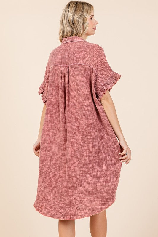 Mineral Wash Cotton Gauze Mini Shirt Dress with Ruffle Sleeves