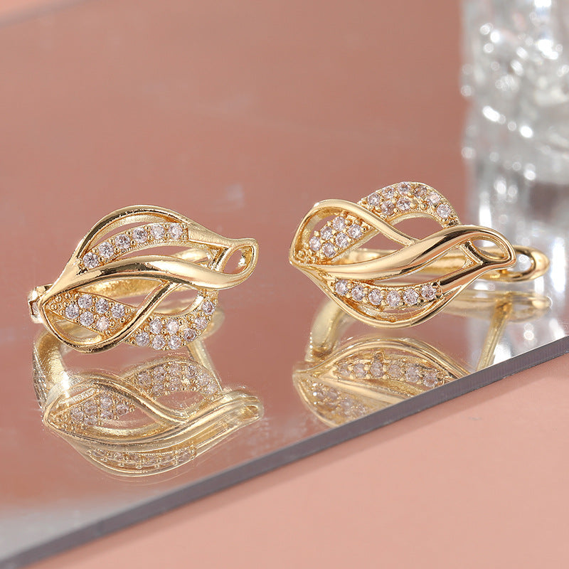 Elegant Crystal Twist Hoop Earrings Gold Tone Brass Women Wedding Party Fashion Jewelry Sparkling Daily