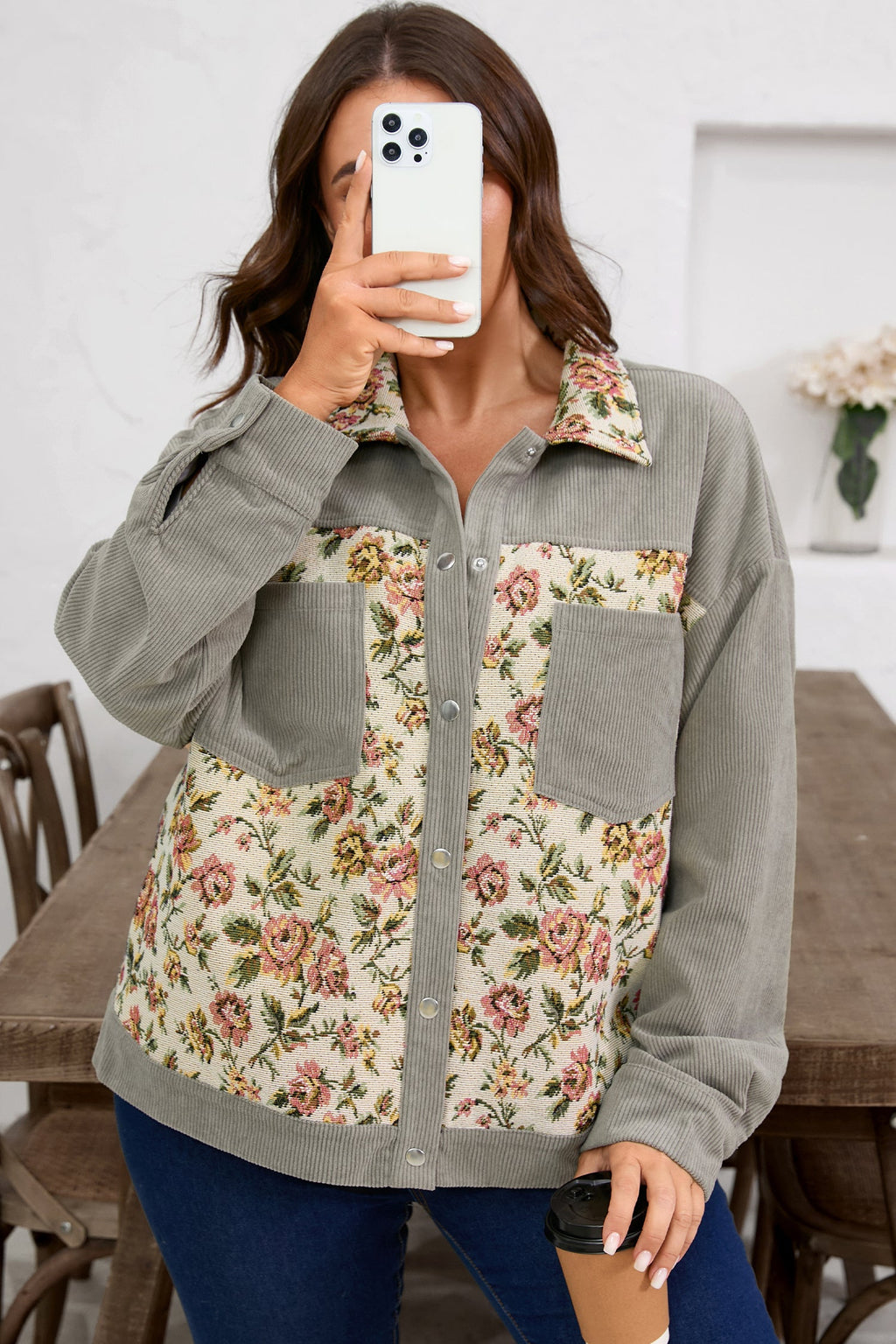 Plus Size Floral Patchwork Corduroy Pocketed Jacket