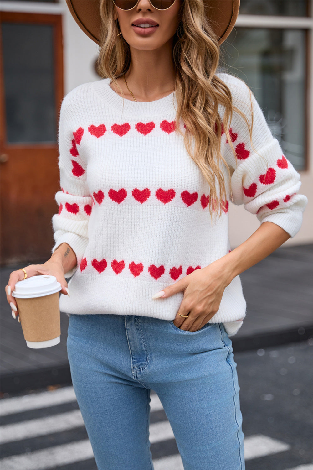 White Red Heart Print Long Sleeve Crew Neck Sweater - Image 19