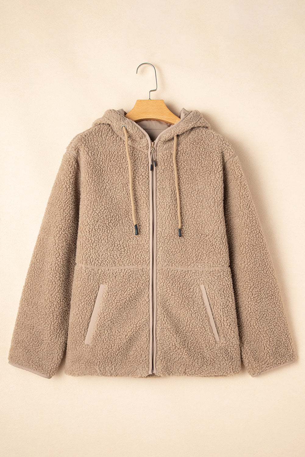 Women's Solid Fleece Zip-Up Hooded Jacket with Drawstring Pockets