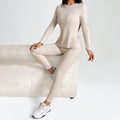 Women's Ribbed Knit Long-Sleeve Tee and Pants Lounge Set - Image 5