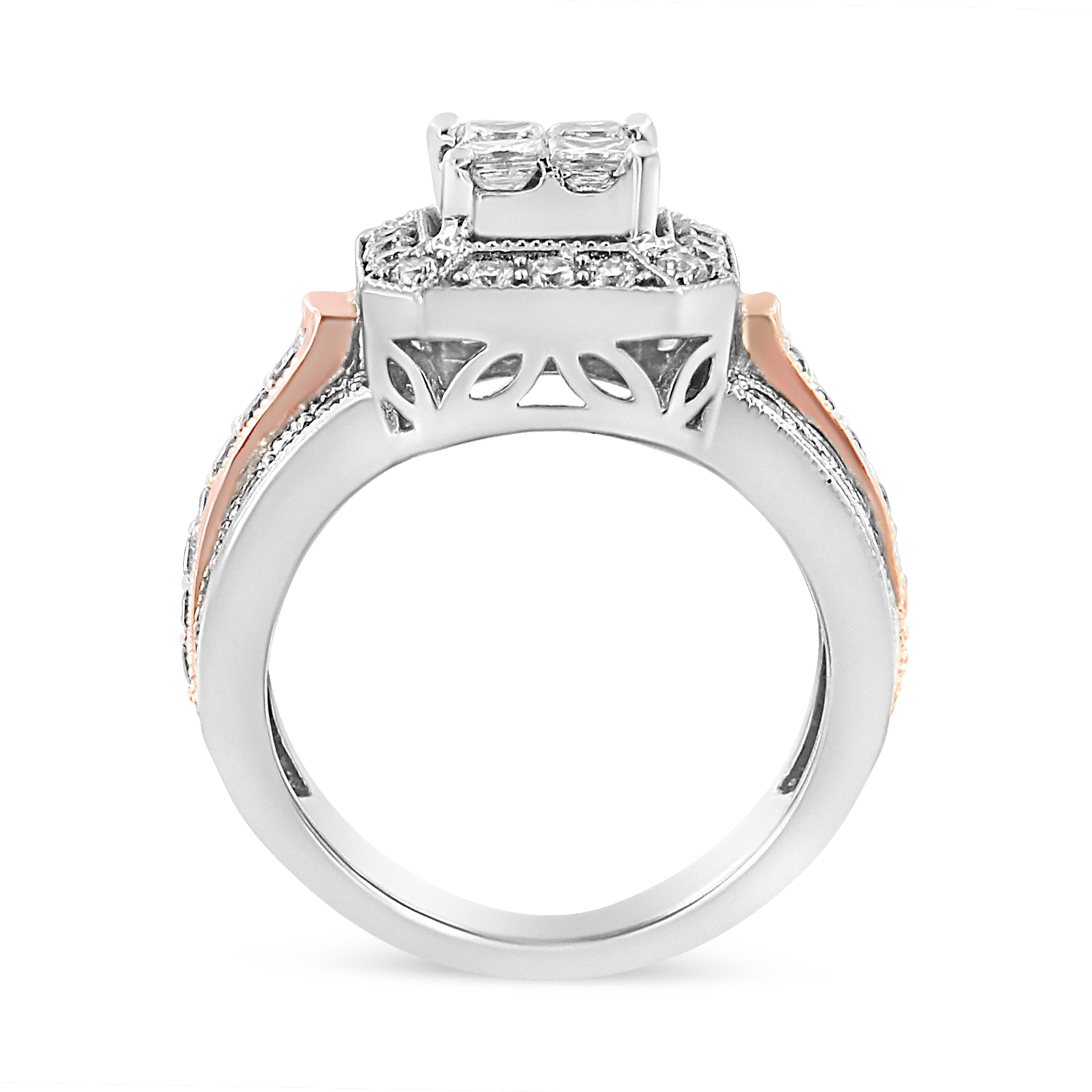 14K White and Rose Gold 1 1/8 Cttw Princess and Round-Cut Diamond Art Deco Style Triple Shank Halo Cocktail Ring (I-J Color, SI2-I1 Clarity) - Size 7