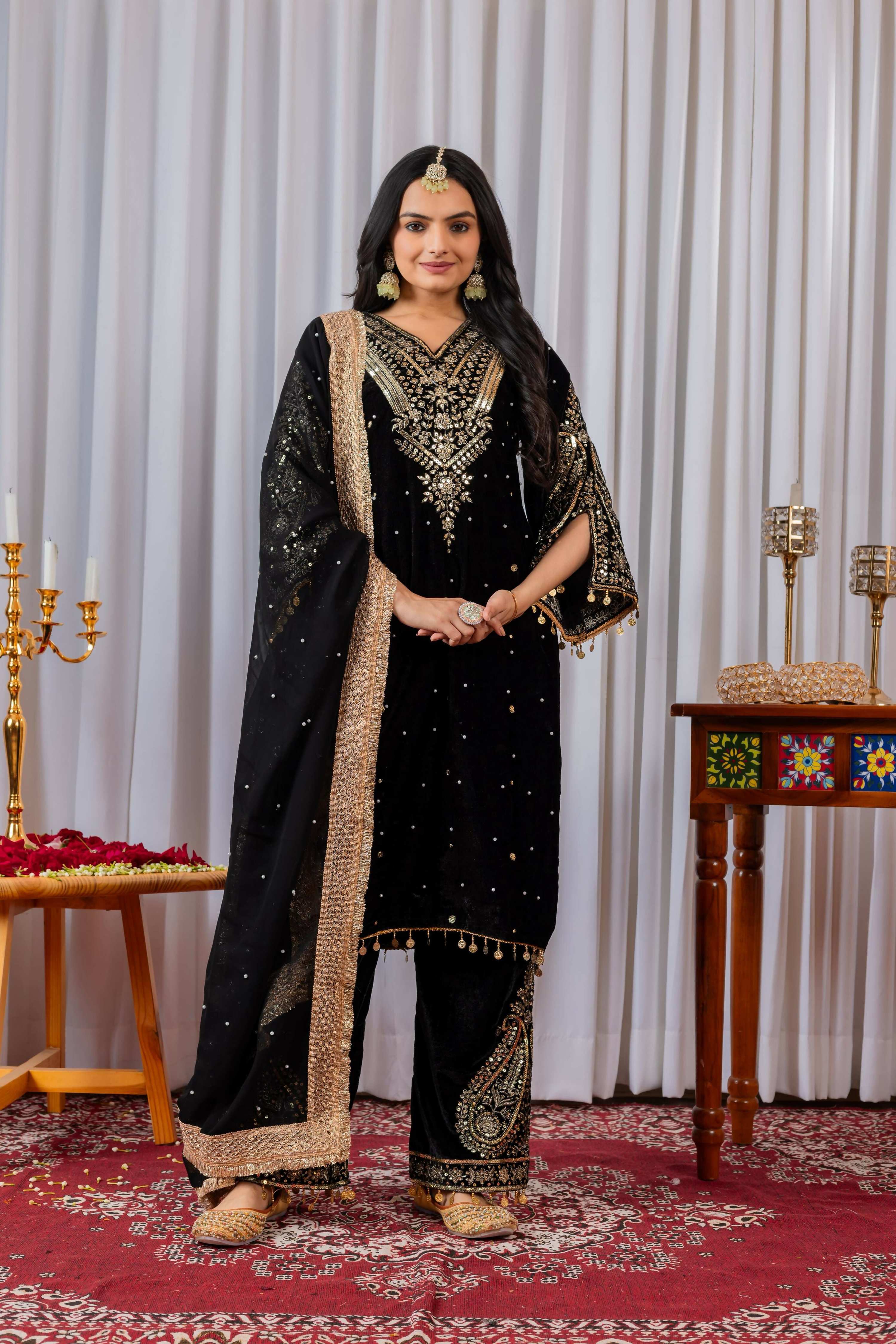 Joban Fashion Black Velvet Embroidery Kurta Set