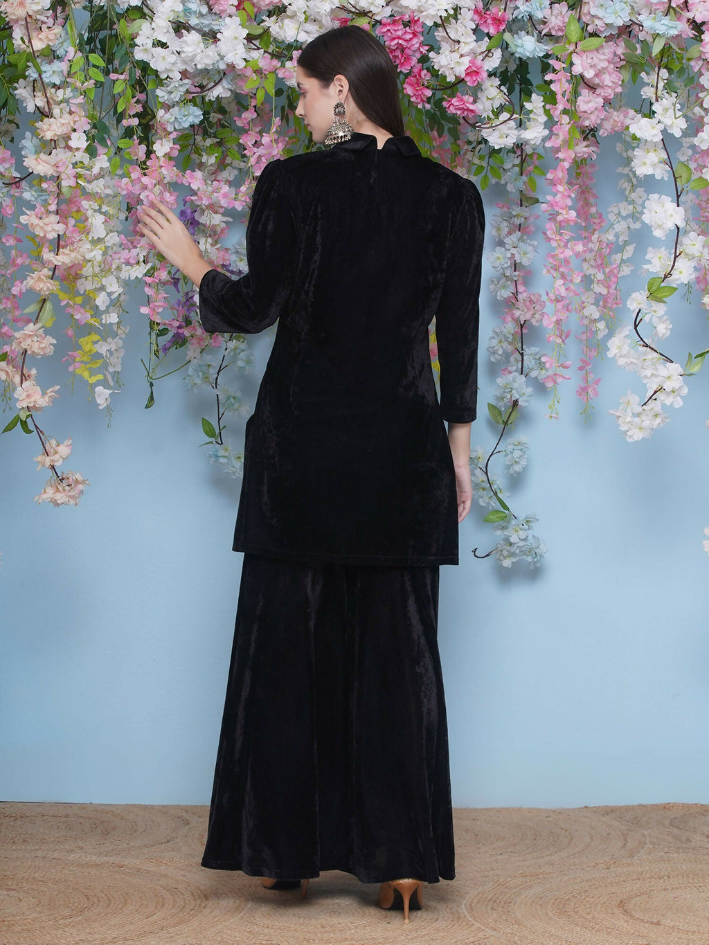 Black velvet sharara set with maroon accents for festive wear
