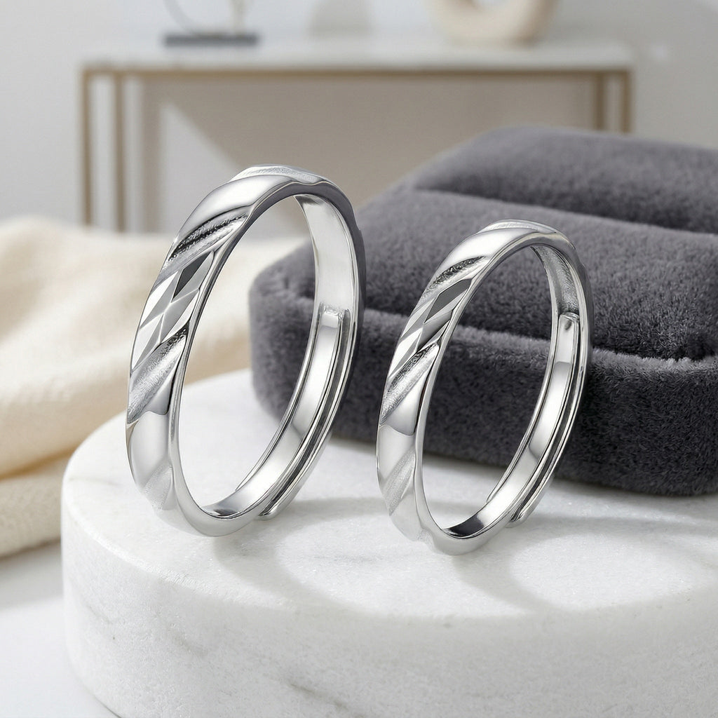 925 Sterling Silver Elegant Silver Couple Rings with Red and Black Twisted Enamel Accents