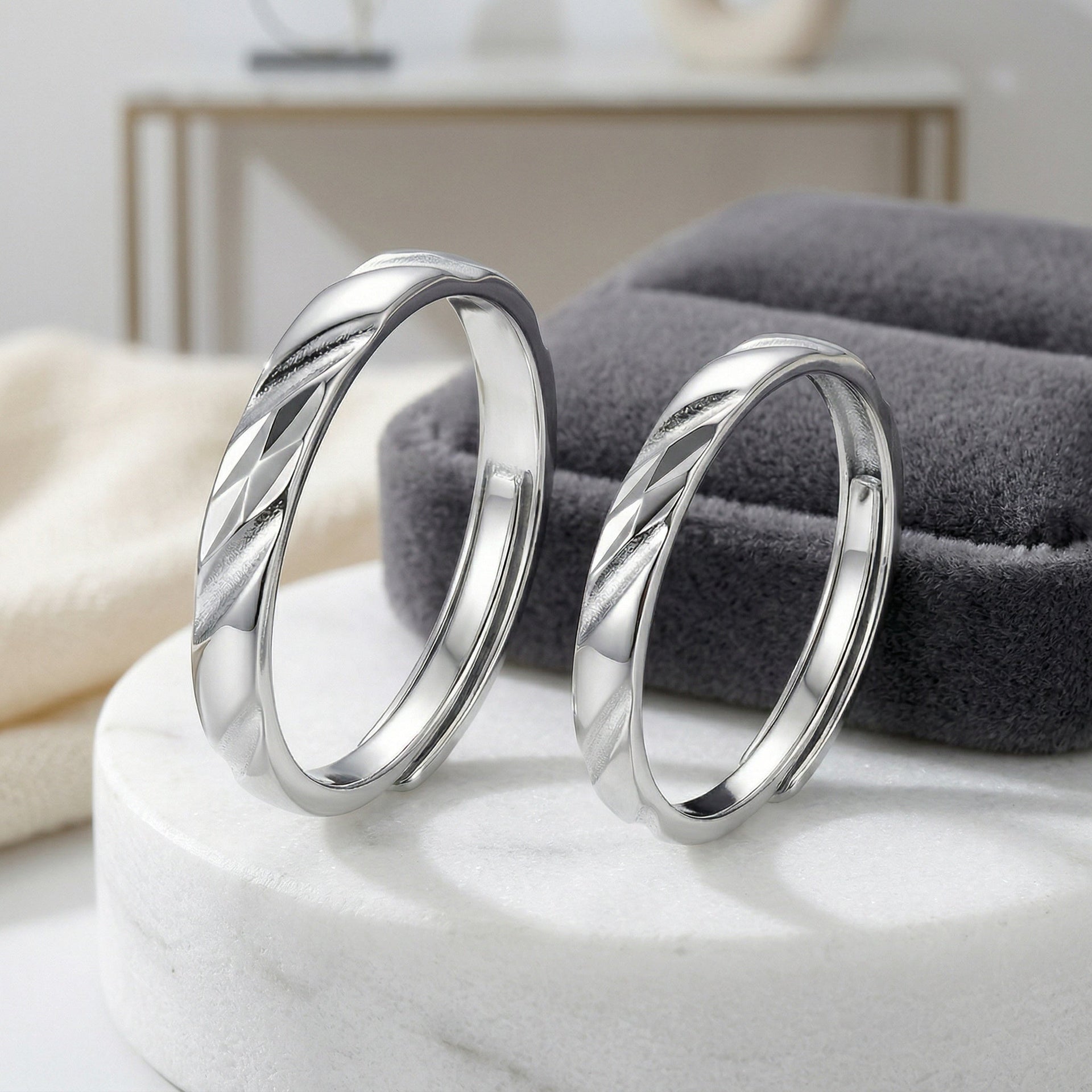 925 Sterling Silver Elegant Silver Couple Rings with Red and Black Twisted Enamel Accents
