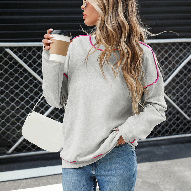 Oversized Round Neck Knit Sweater with Contrast Piping