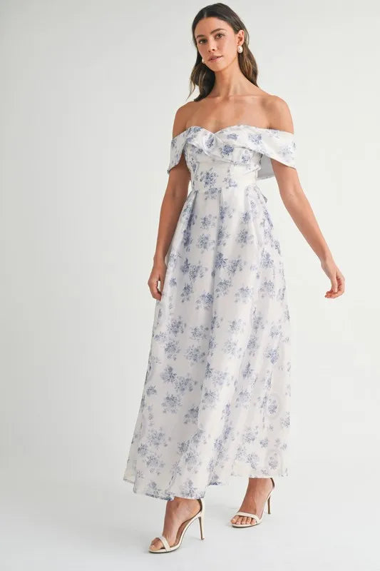 Off-Shoulder Floral Printed Maxi Dress