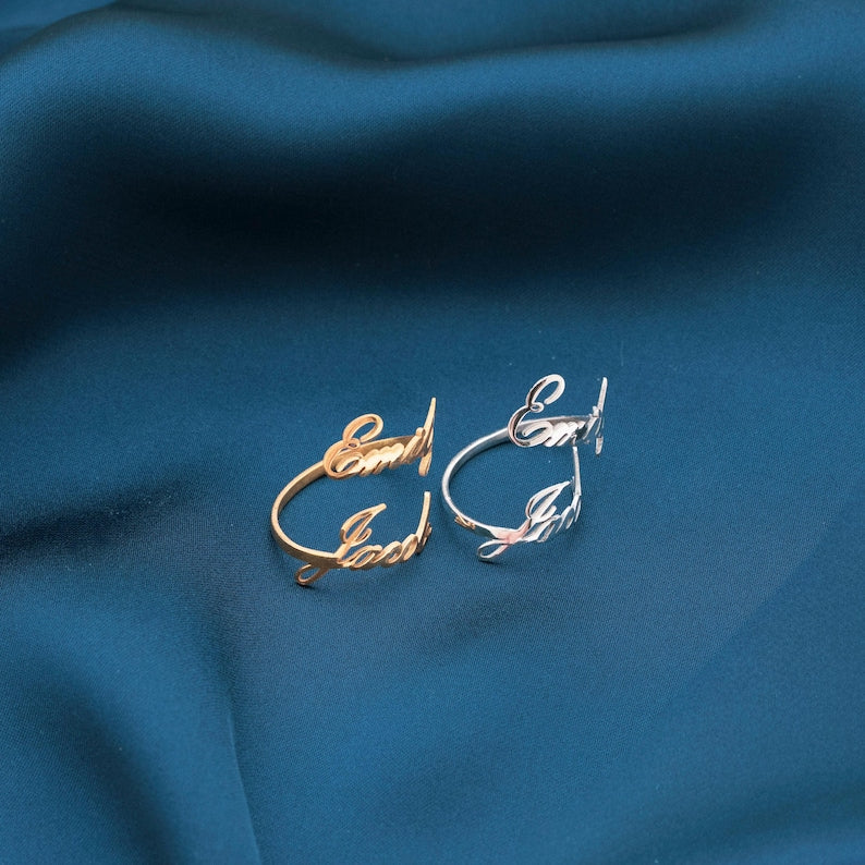 Customized Double Name Open Ring in Sterling Silver or Gold