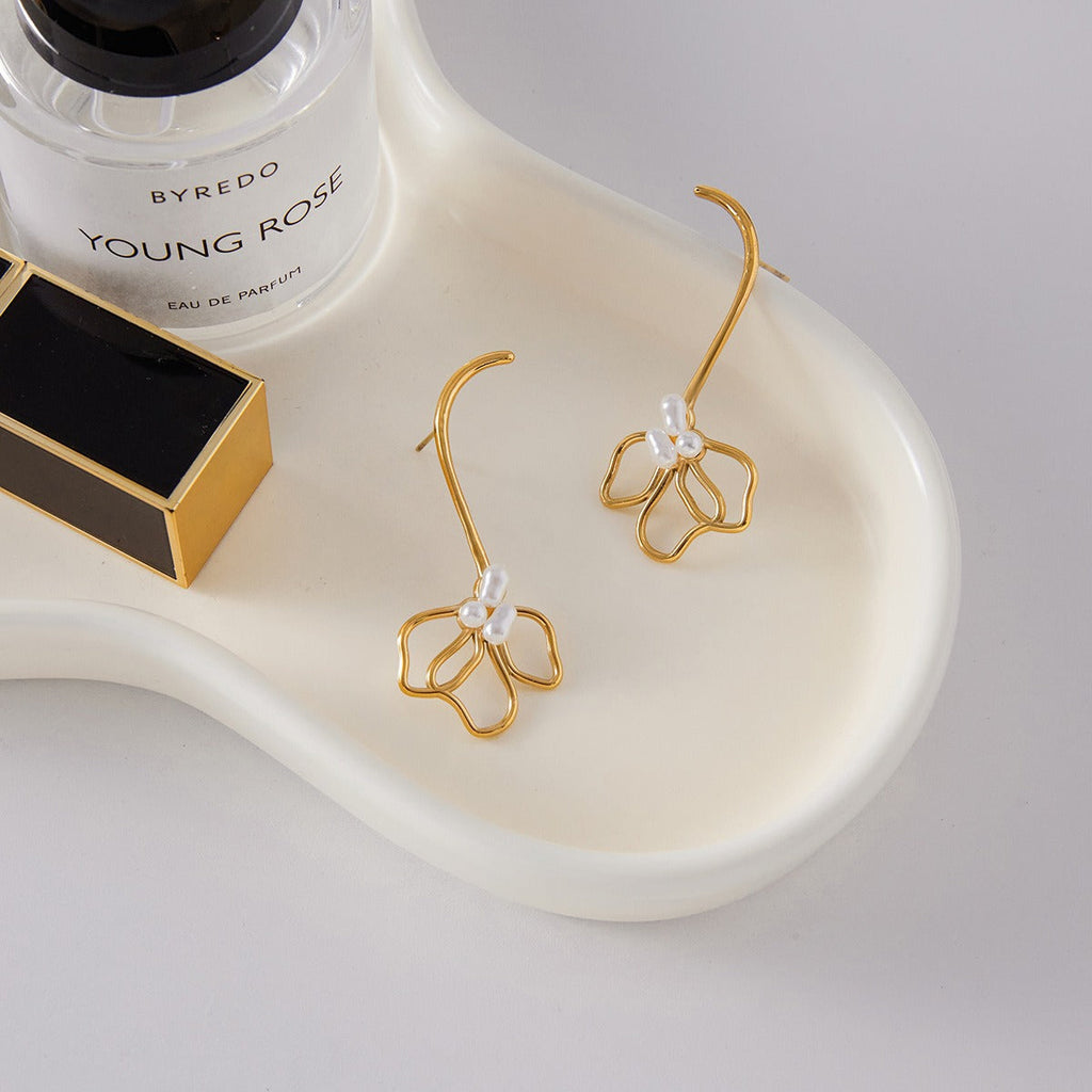 18K Gold Floral Pearl Stud Earrings, Lightweight Elegant Design