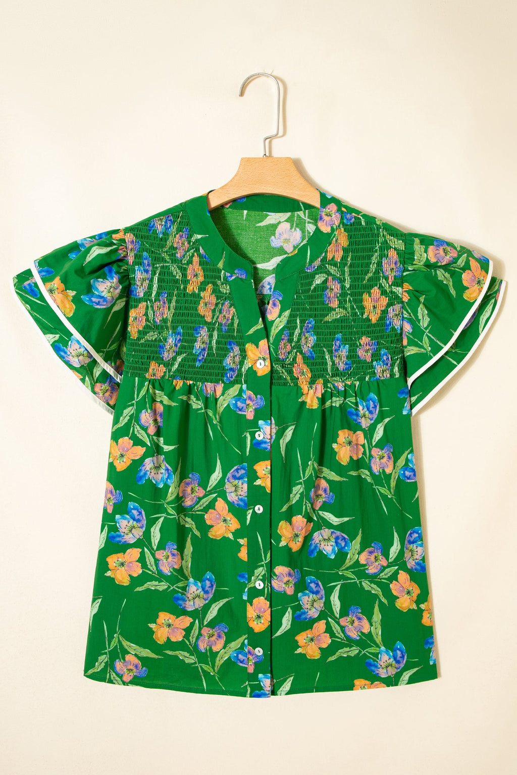 Keilani Short Sleeve Floral Button Down Blouse in Green Blue Orange