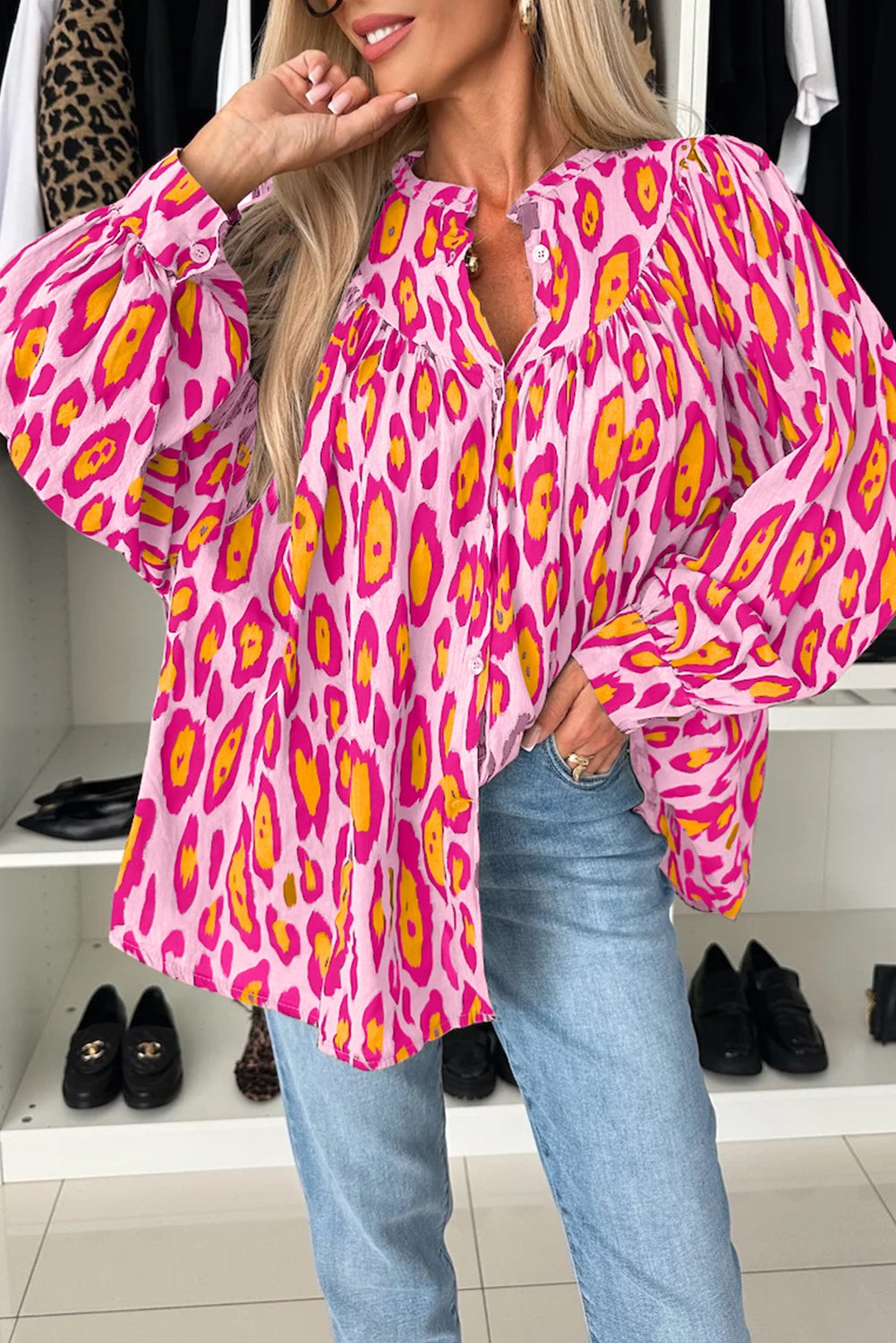 Light Beige Leopard Print Oversized Balloon Sleeve Shirt