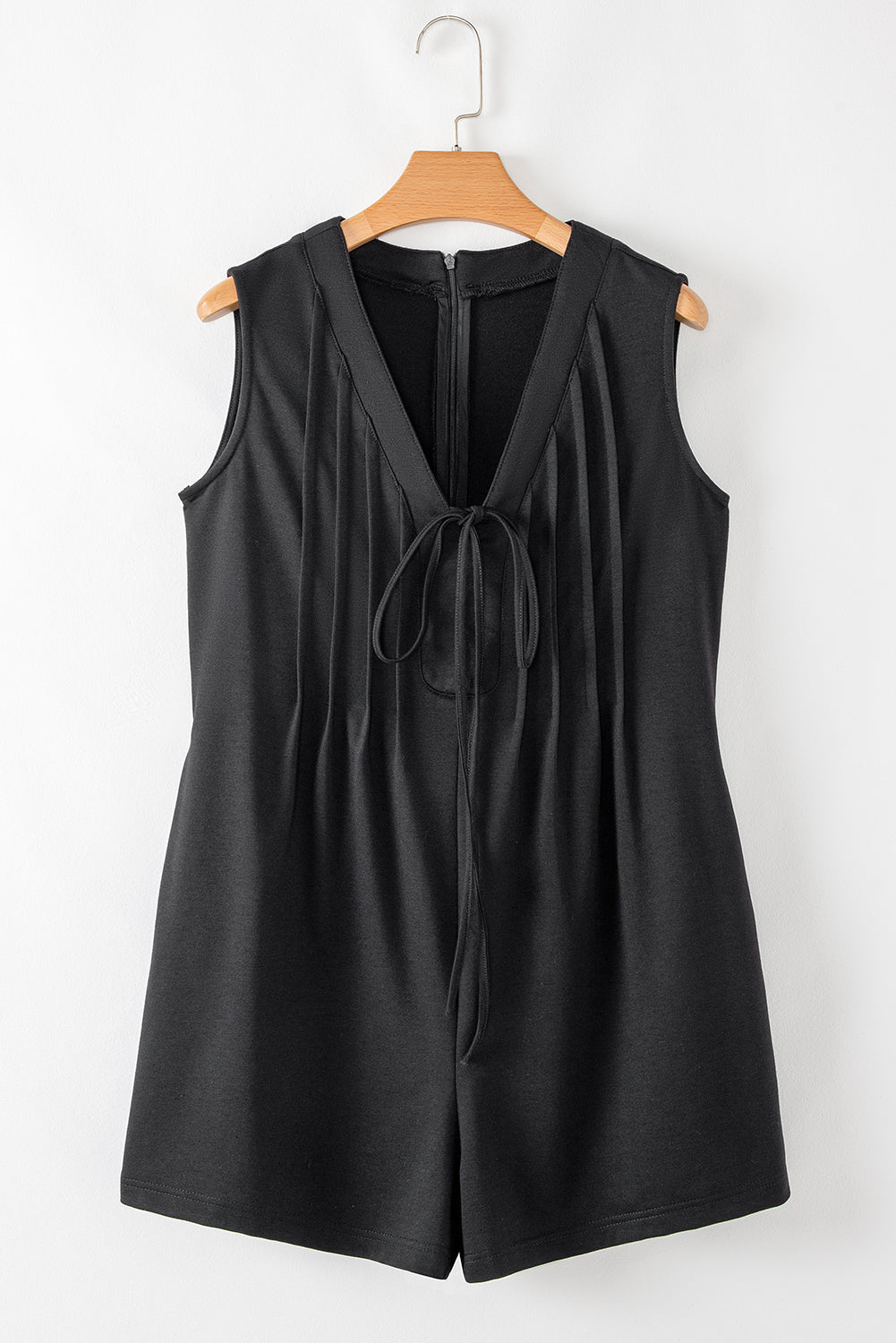 Tie V-Neck Pintuck Sleeveless Loose Romper