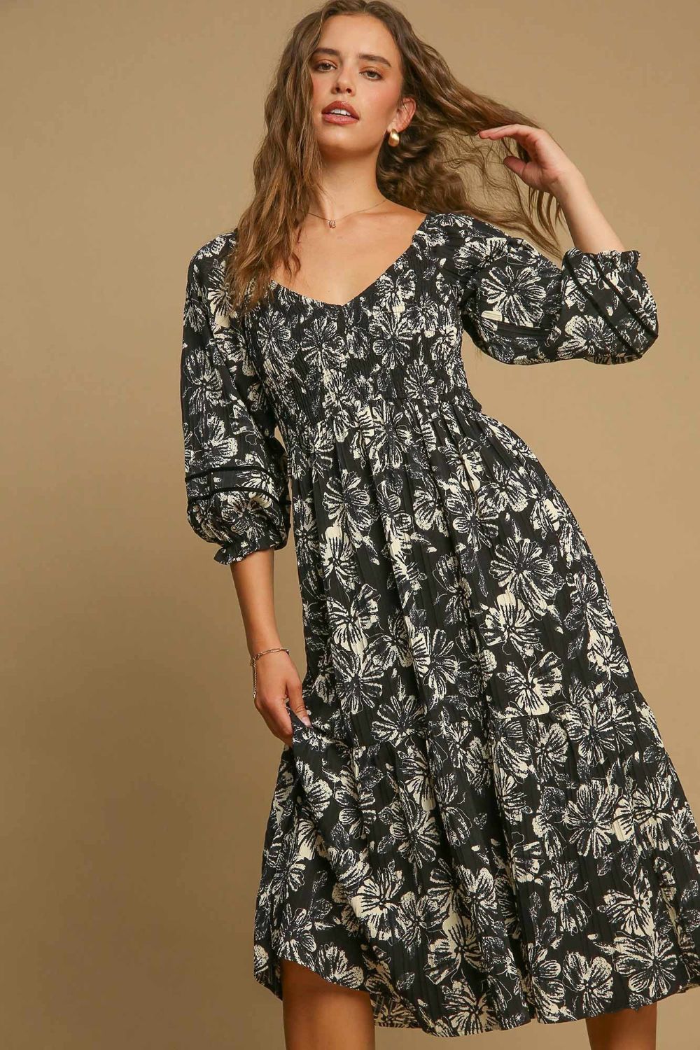 Black and Cream Floral Ruffle Hem V-Neck Mini Dress