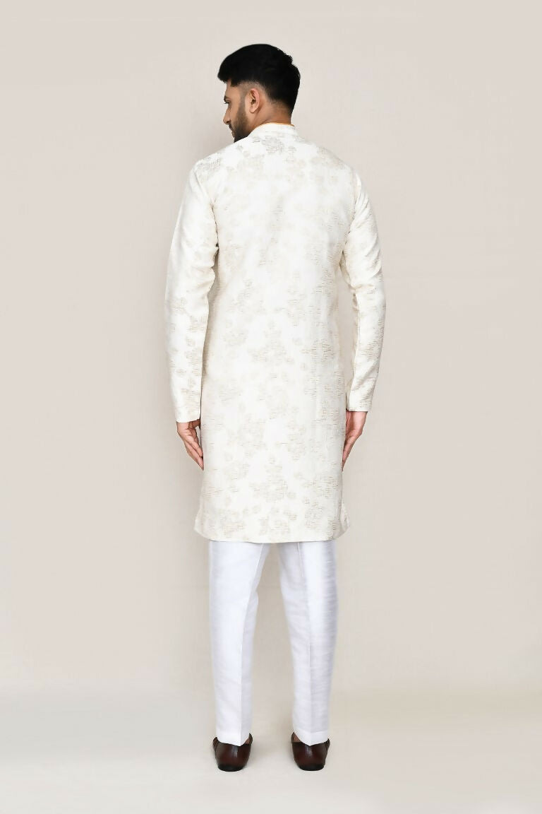 Cream Jacquard Silk Kurta with Straight Fit Pant