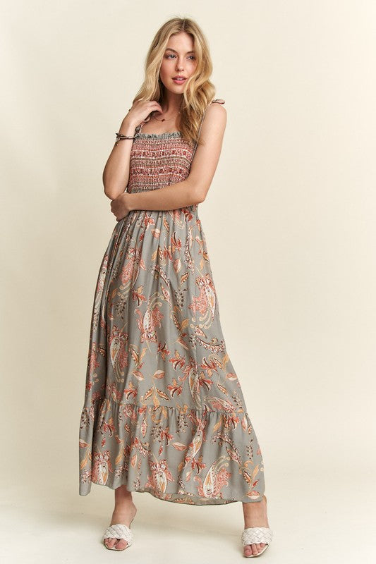 Smocked Printed Square Neck Tie Shoulder Cami Dress