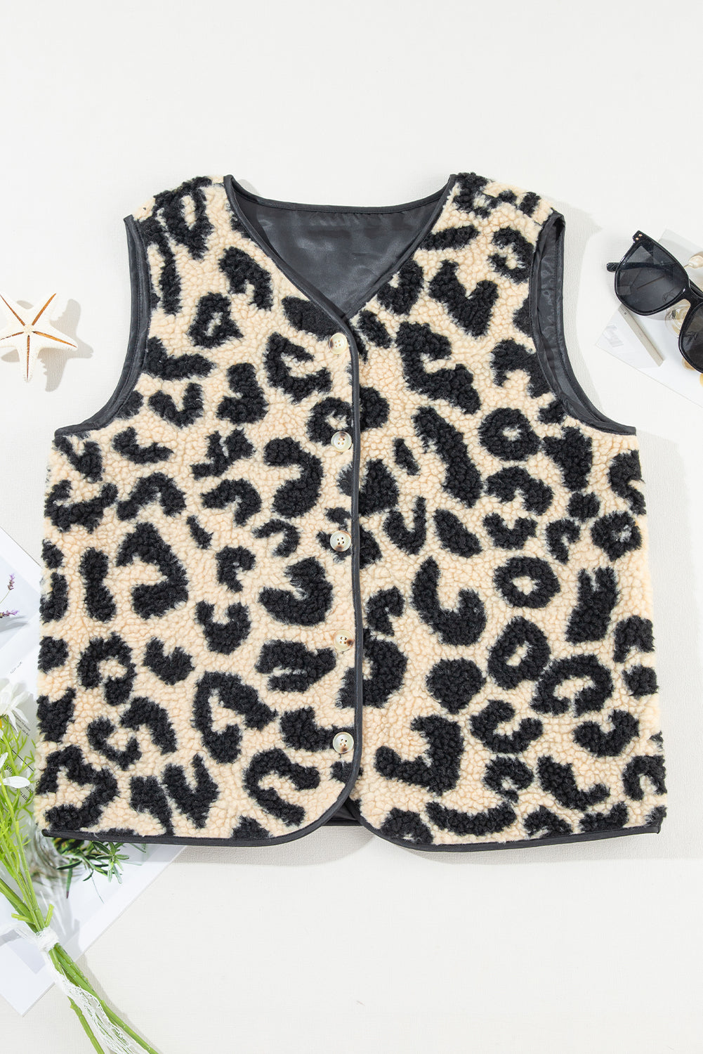 Leopard Sherpa Fleece Sleeveless Buttoned Vest Coat