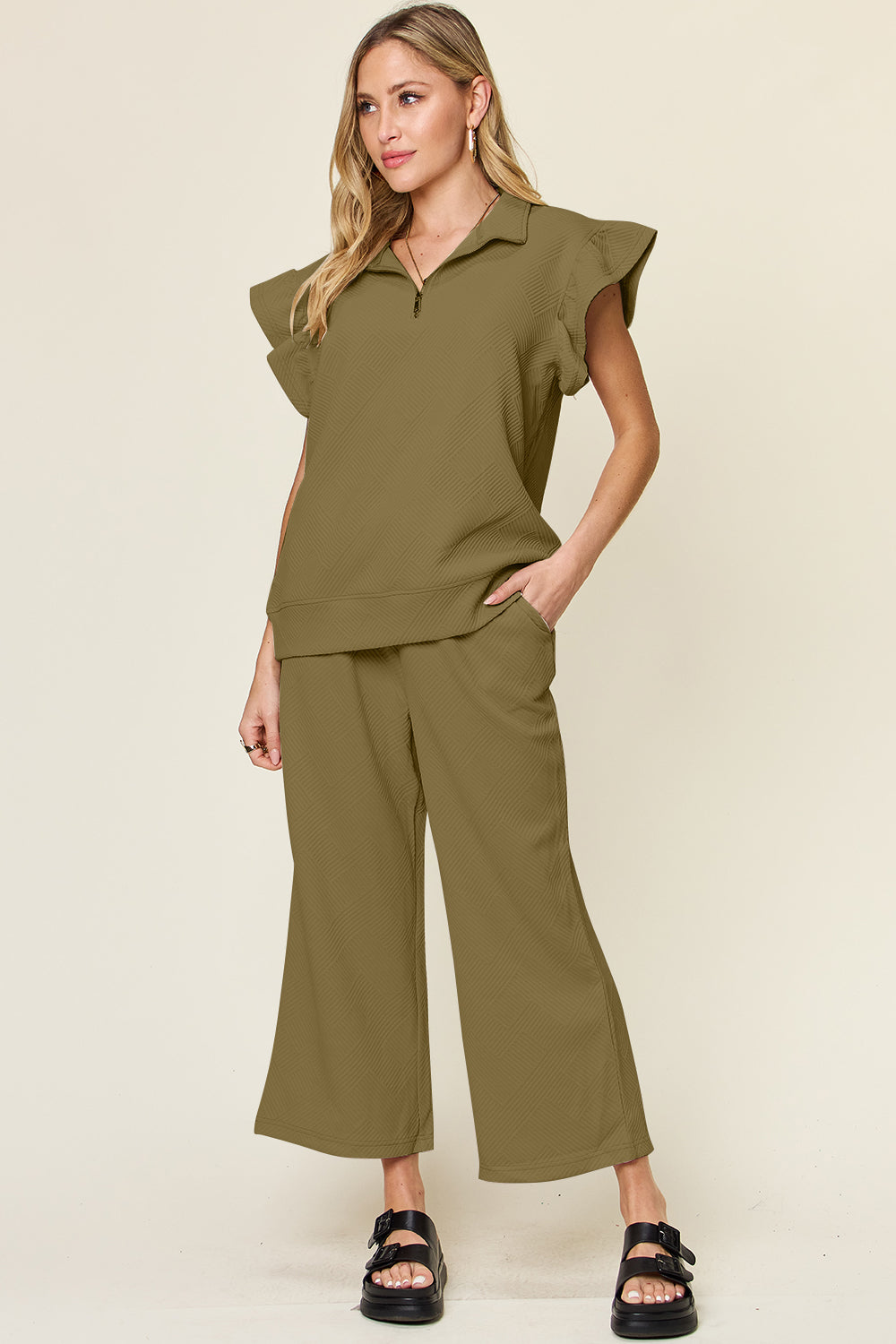 Textured Ruffle Top & Drawstring Wide Leg Pants Set