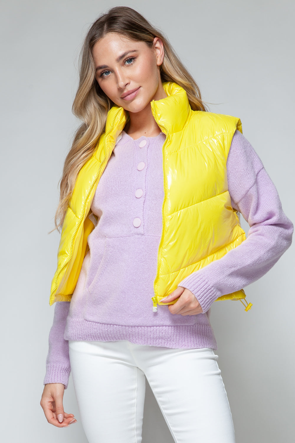 Women's Shiny Yellow Quilted Zip-Up Turtleneck Vest - Image 5