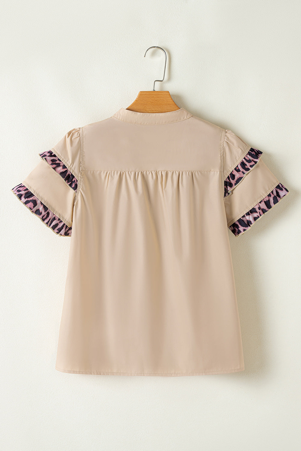 Smoke Gray Leopard Ruffles Trim Tiered Short Sleeve Blouse