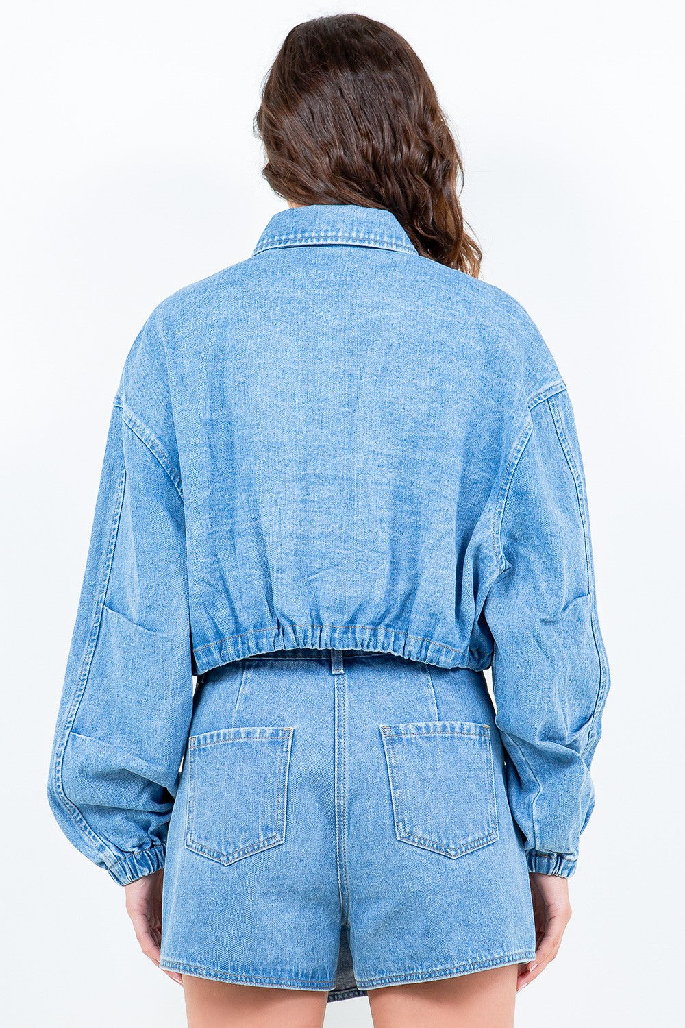 Girls Adjustable Drawstring Waist Crop Trucker Denim Jacket