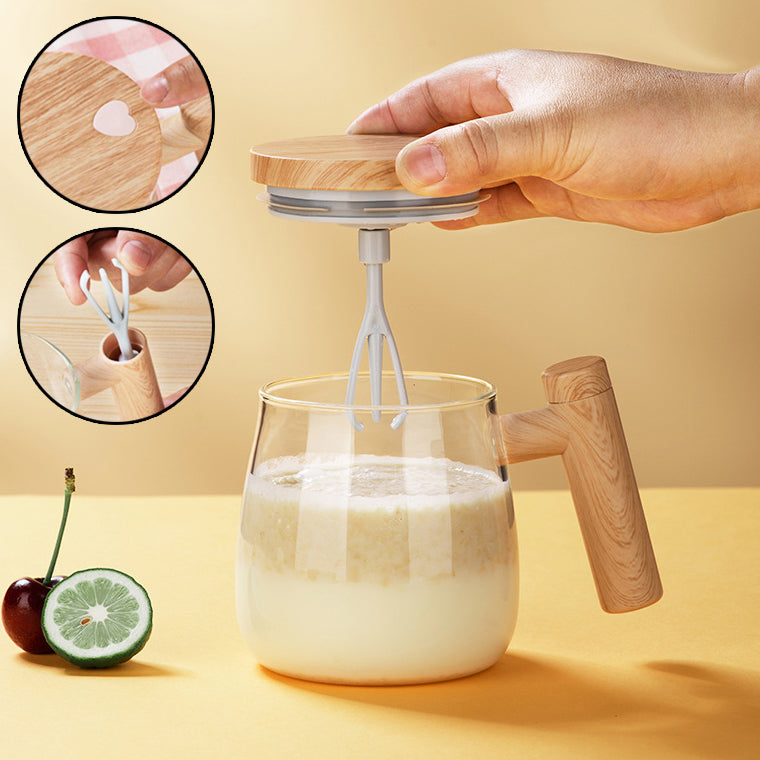 A 400ML electric self-stirring glass coffee mug with a mixing mechanism visible at the bottom.