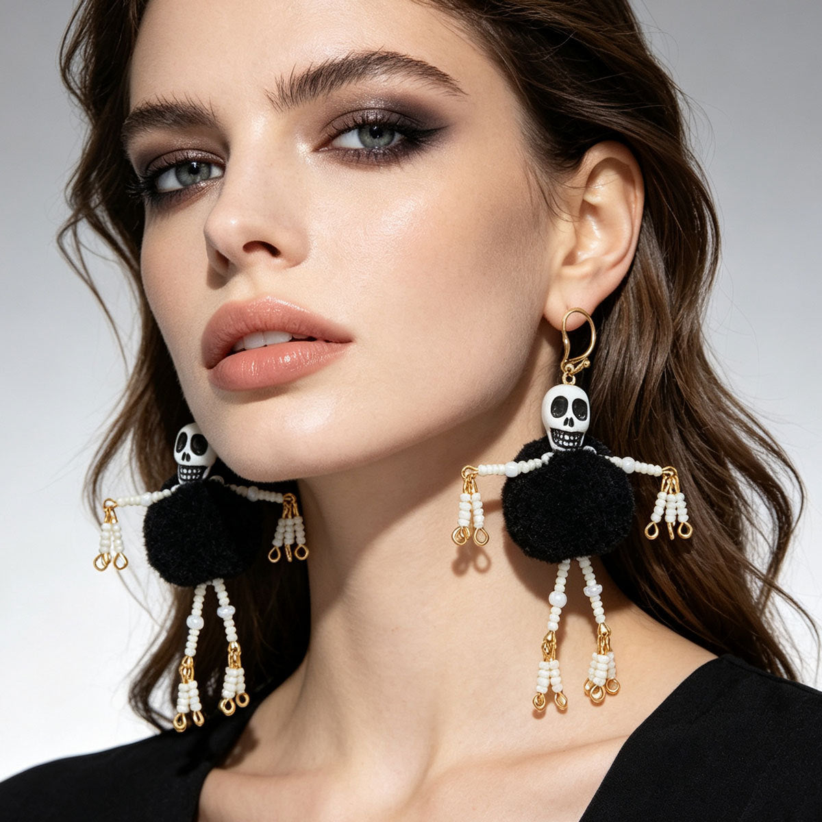 Women Halloween Skeleton Pom Pom Beaded Dangle Earrings, Gold Plated Gothic Long Drop Earrings For Costume Party Cosplay Holiday Gift