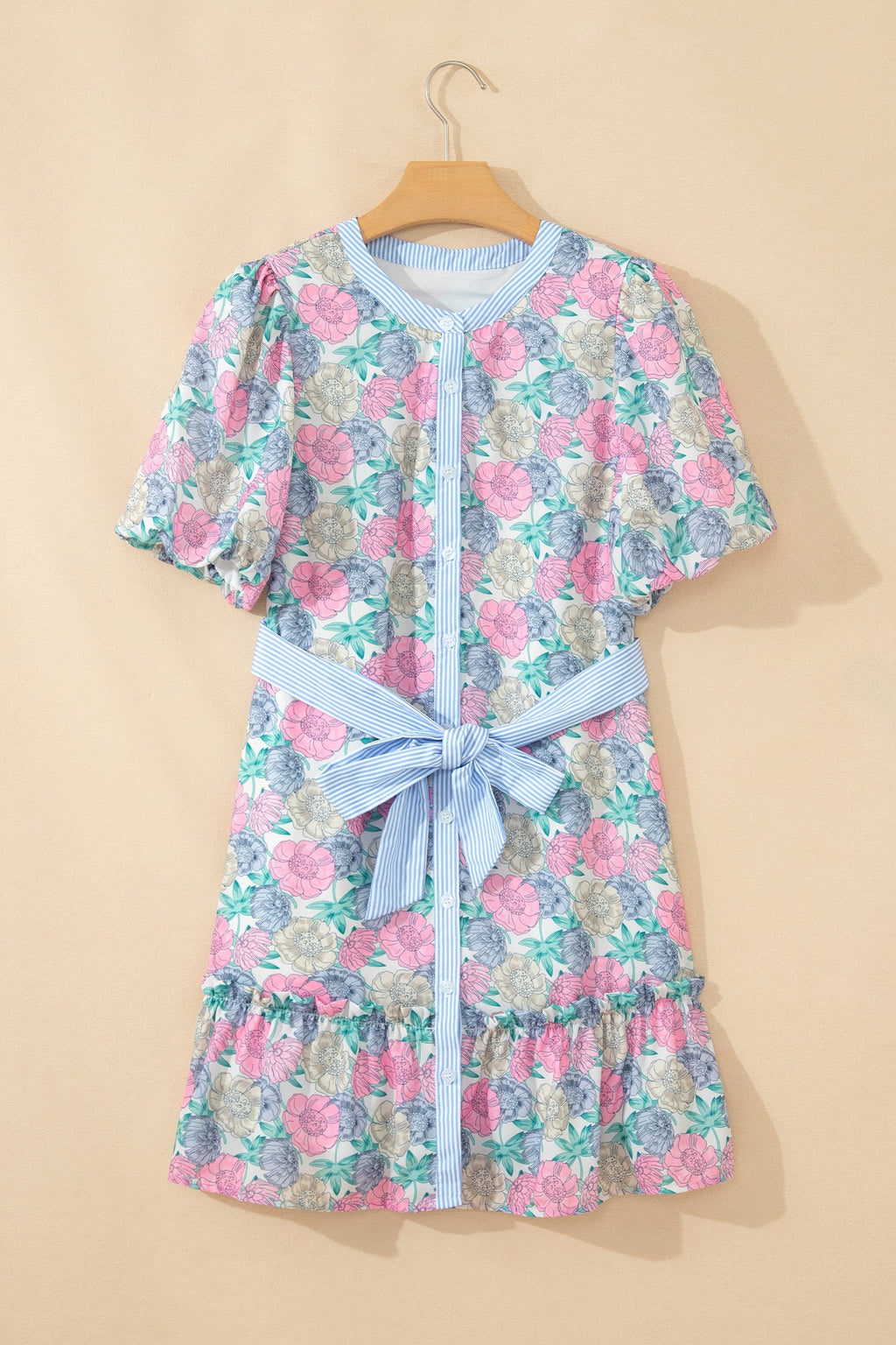 Floral Stripe Contrast Trim Belted Ruffle Mini Dress - Pink/Blue