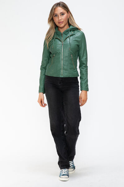 Women's Faux Leather Zip-Up Hooded Jacket Casual Urban Streetwear