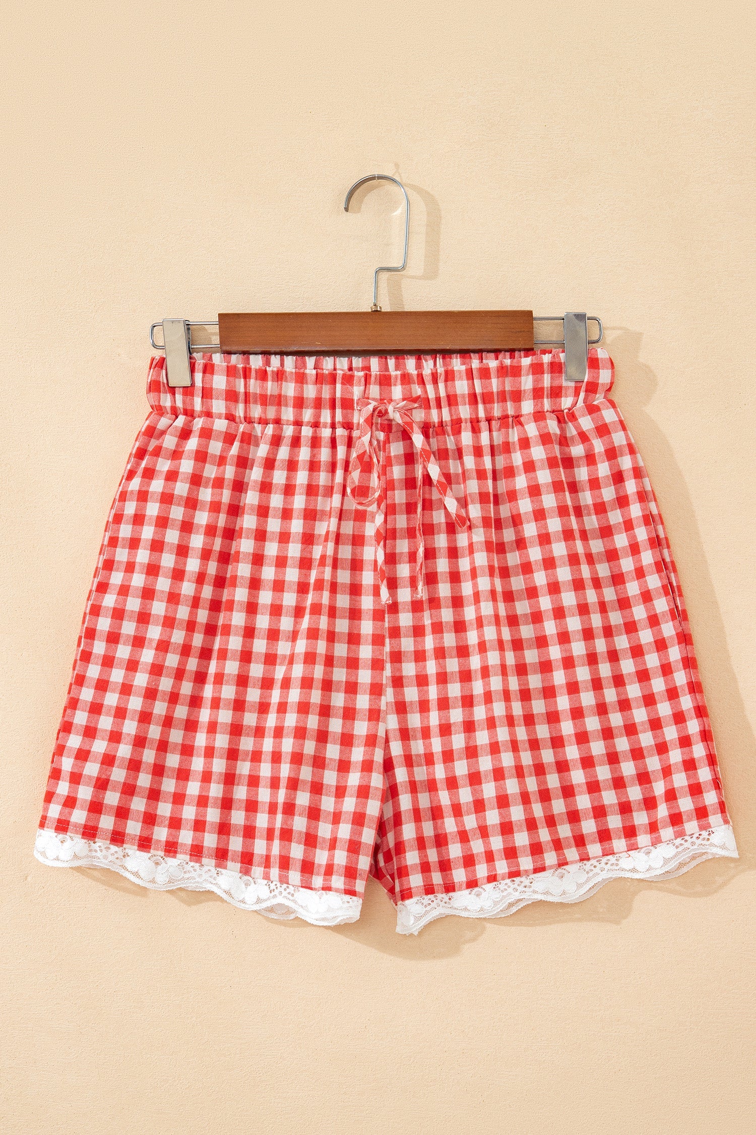 Red and White Gingham Plaid Tie Waist Lace Hem Shorts