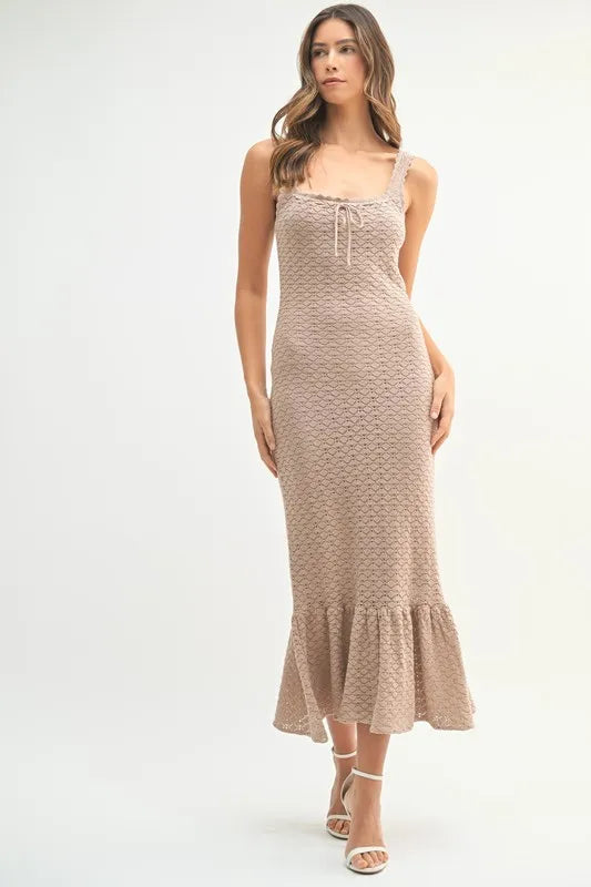 Sleeveless Crochet Knit Midi Dress with Ruffled Hem