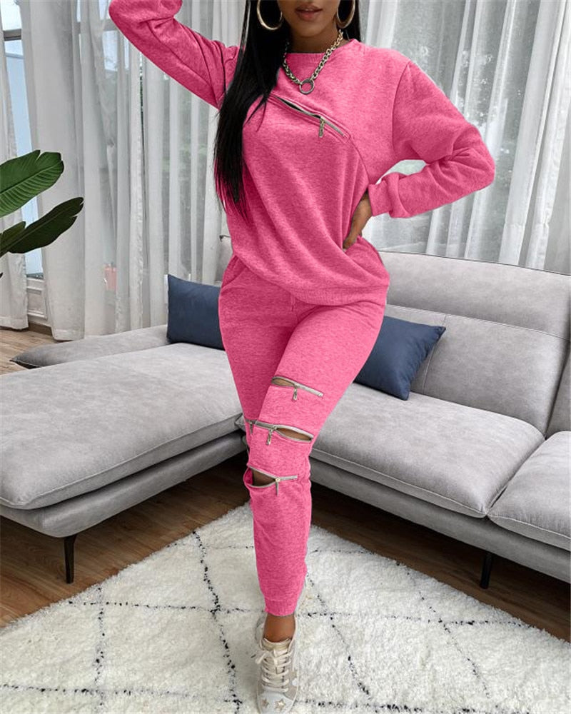 Fashionable Women's Casual Zip Hoodie Set (Two Pieces)