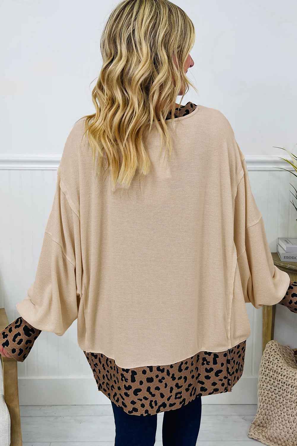Beige Contrast Leopard Star Patchwork Detail Raw Seam Baggy Sweatshirt