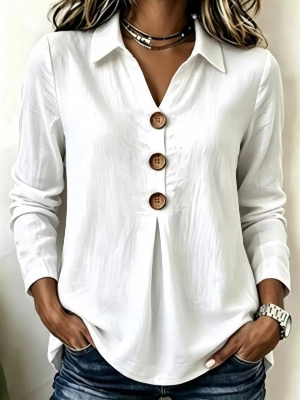 Full Size Button Detail Long Sleeve Blouse Plus Size