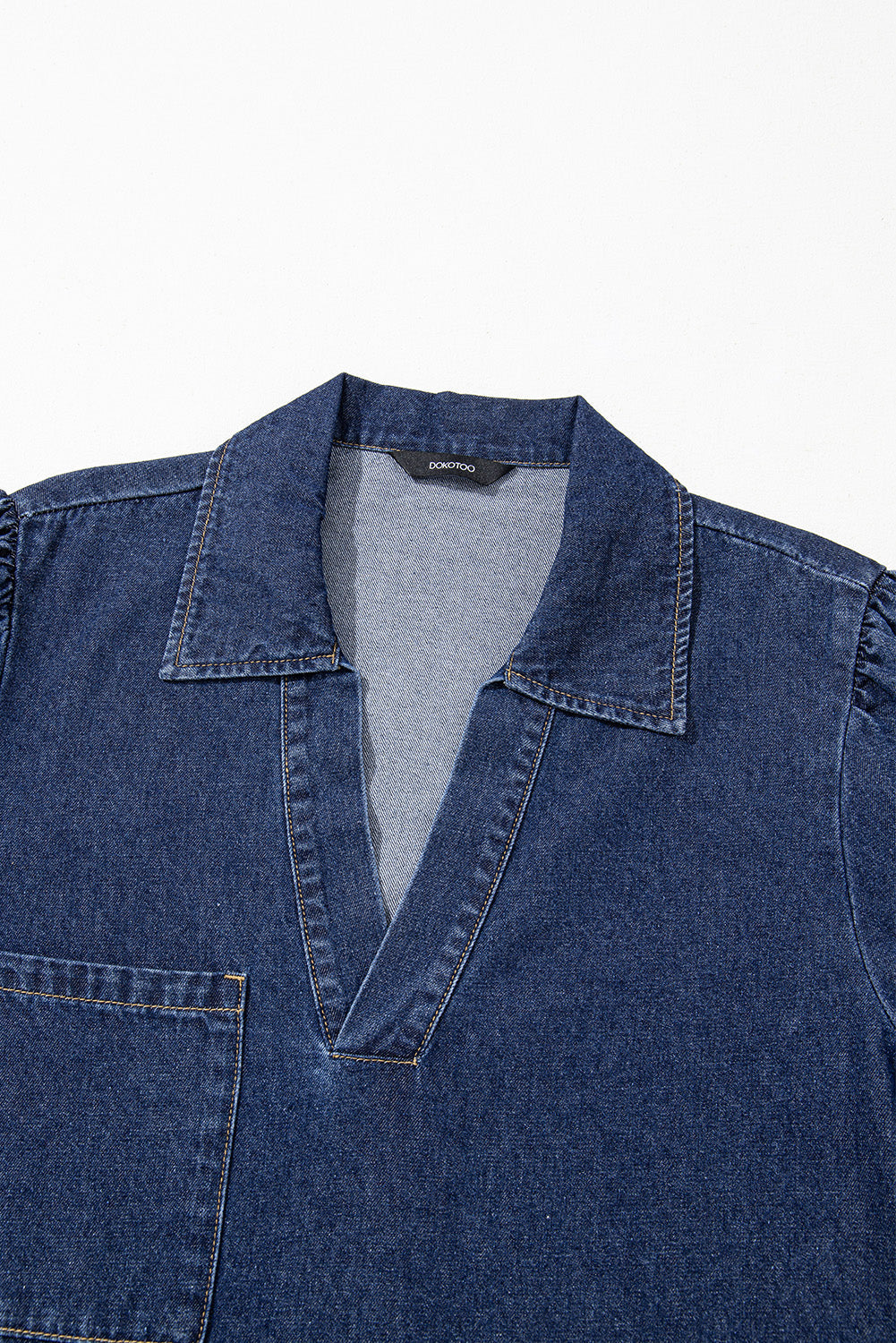 Denim Collared V-Neck Chest Pocket Dress