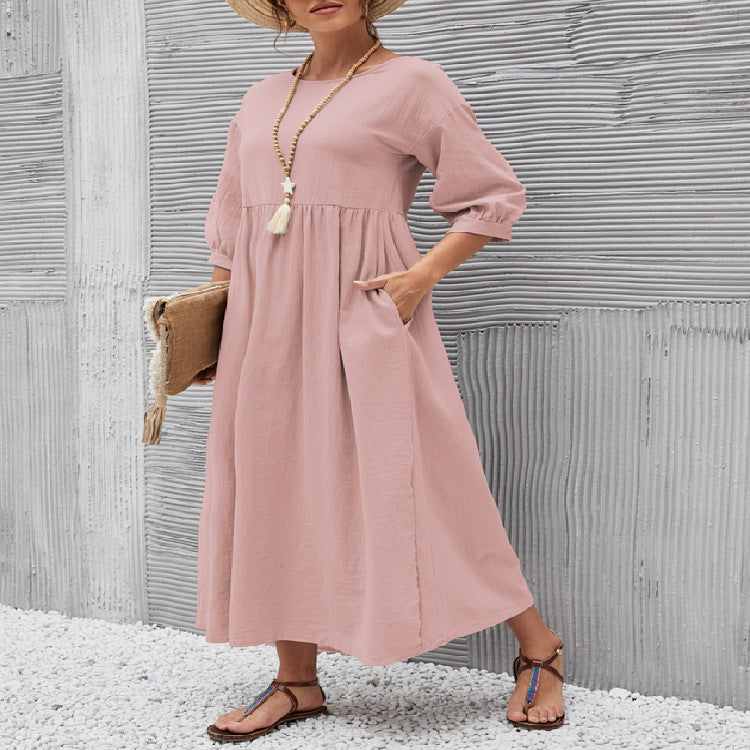 Cotton Blend Round Neck A-Line Skirt Dress