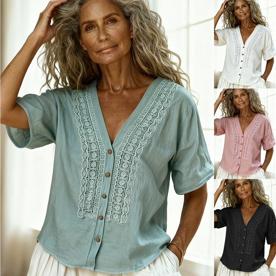 Model wearing a green loose-fit button-up blouse with lace embroidery details, shown in multiple color options.