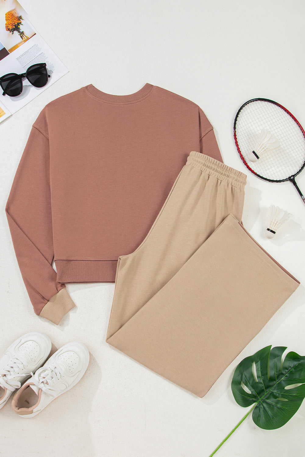 Khaki Color Block Crop Top & Drawstring Pant Set