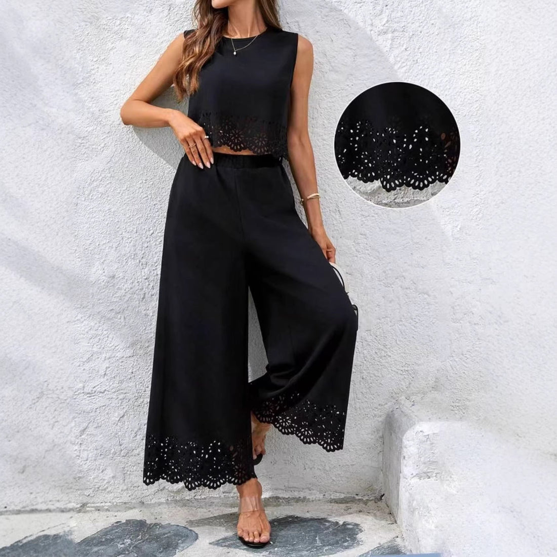 Women's 2-Piece Hollow-Out Tank Top and Wide-Leg Pants Set