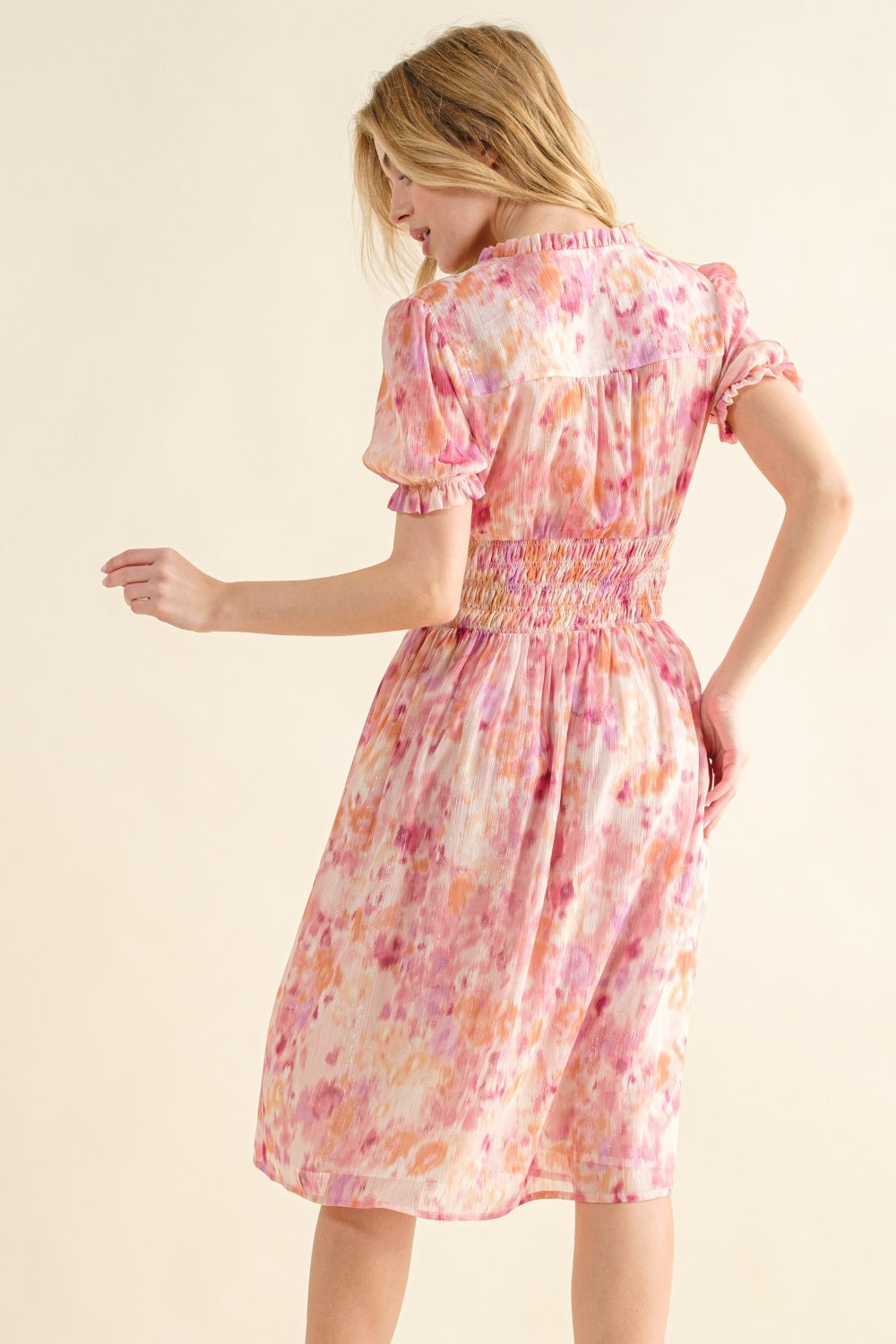 Smocked Waist Printed Midi Dress: Elegant Floral Flutter Sleeve