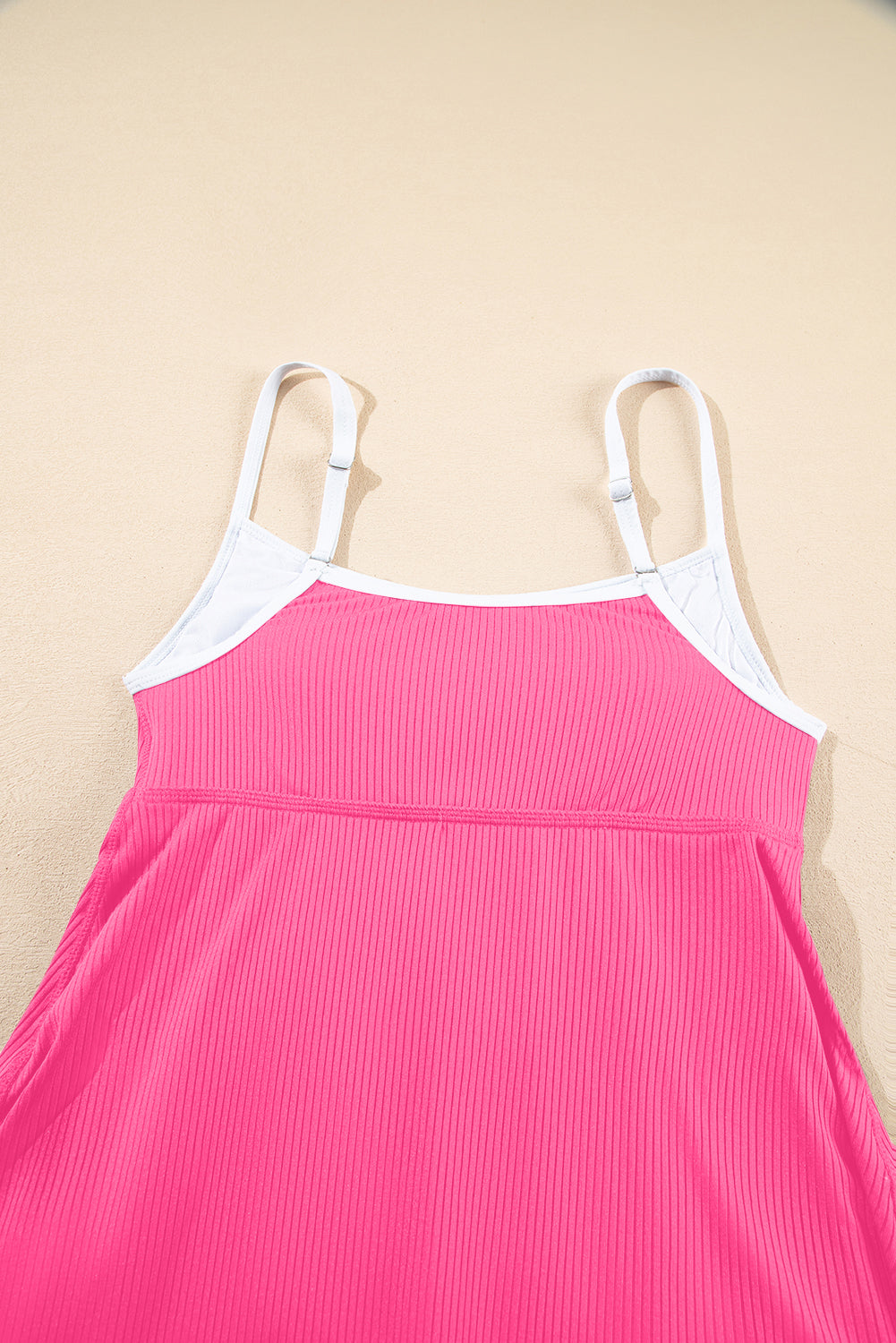 Bright Pink Color Block Ribbed Swim Dress with Pockets