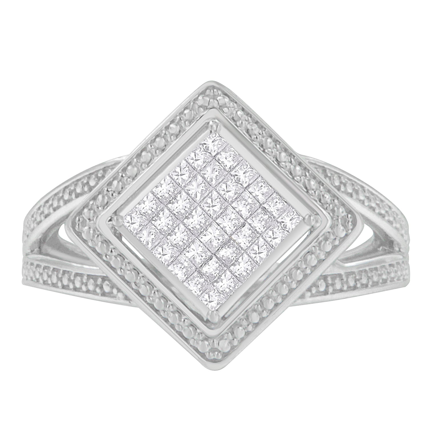 .925 Sterling Silver 1/3 Cttw Invisible Set Princess-Cut Diamond Rhombus and Beaded Halo Ring (H-I Color, SI1-SI2 Clarity) - Ring Size 7